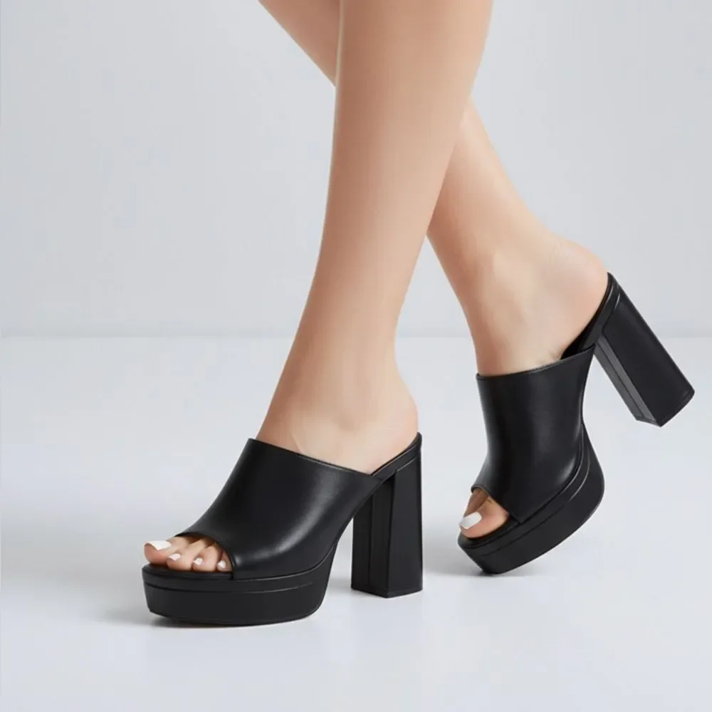 OLIVIA black faux leather chunky platform open toe mule heels Y2K size 7